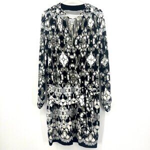 Cache Black and White Print Faux Wrap Ruched Dress Women's Large
